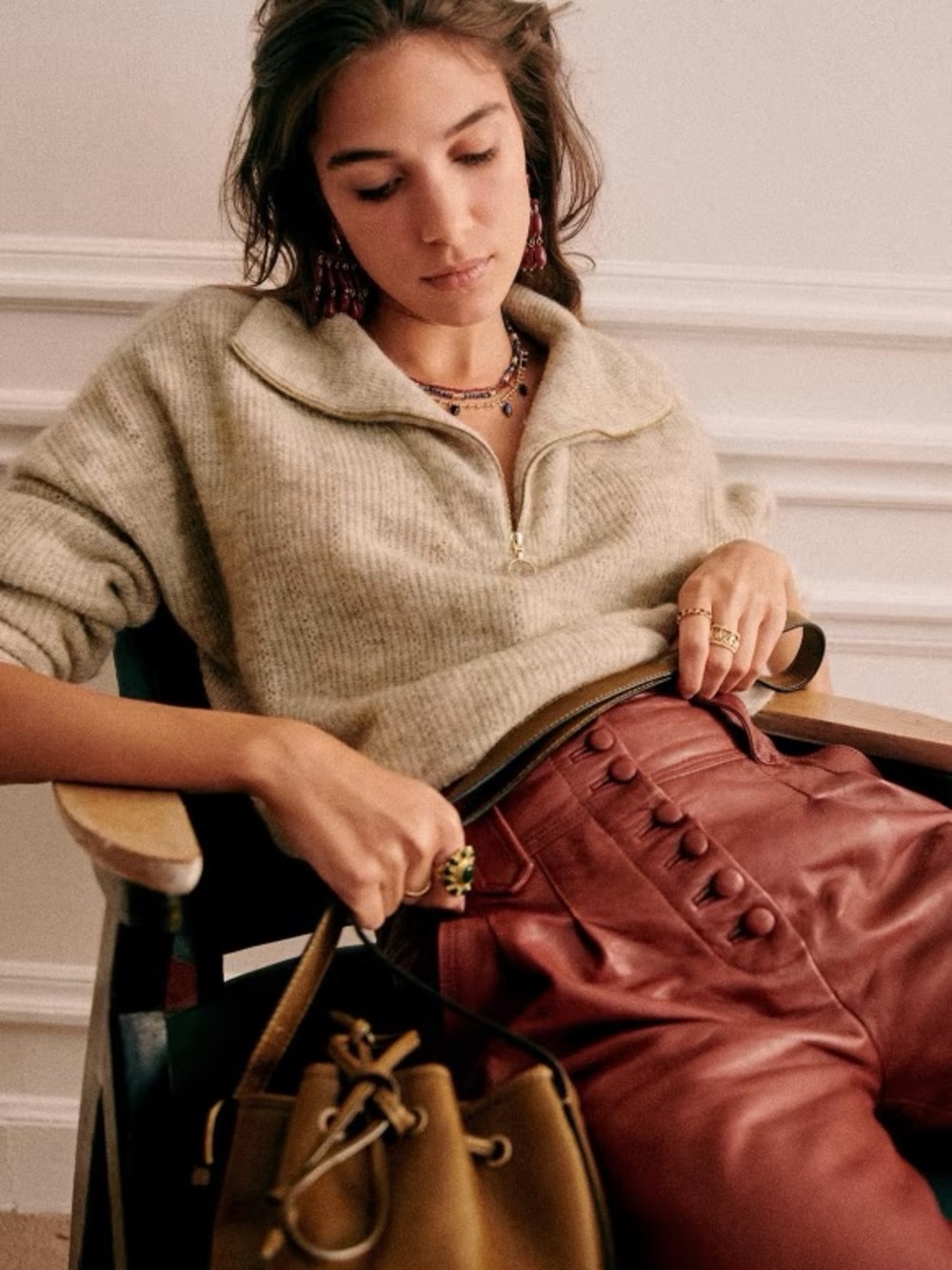 Sezane Johnny Half Zip. Beige